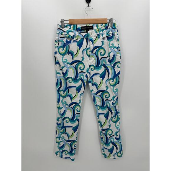 Boston Proper Denim Pants Women 10 Abstract Geometric Retro High Waisted White - Picture 1 of 9